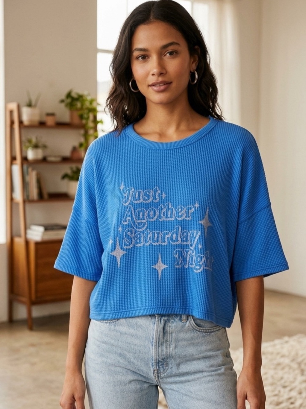 Offline by Aerie Blue Waffle Knit Graphic Tee “Saturday Night” Cozy Cotton Blend